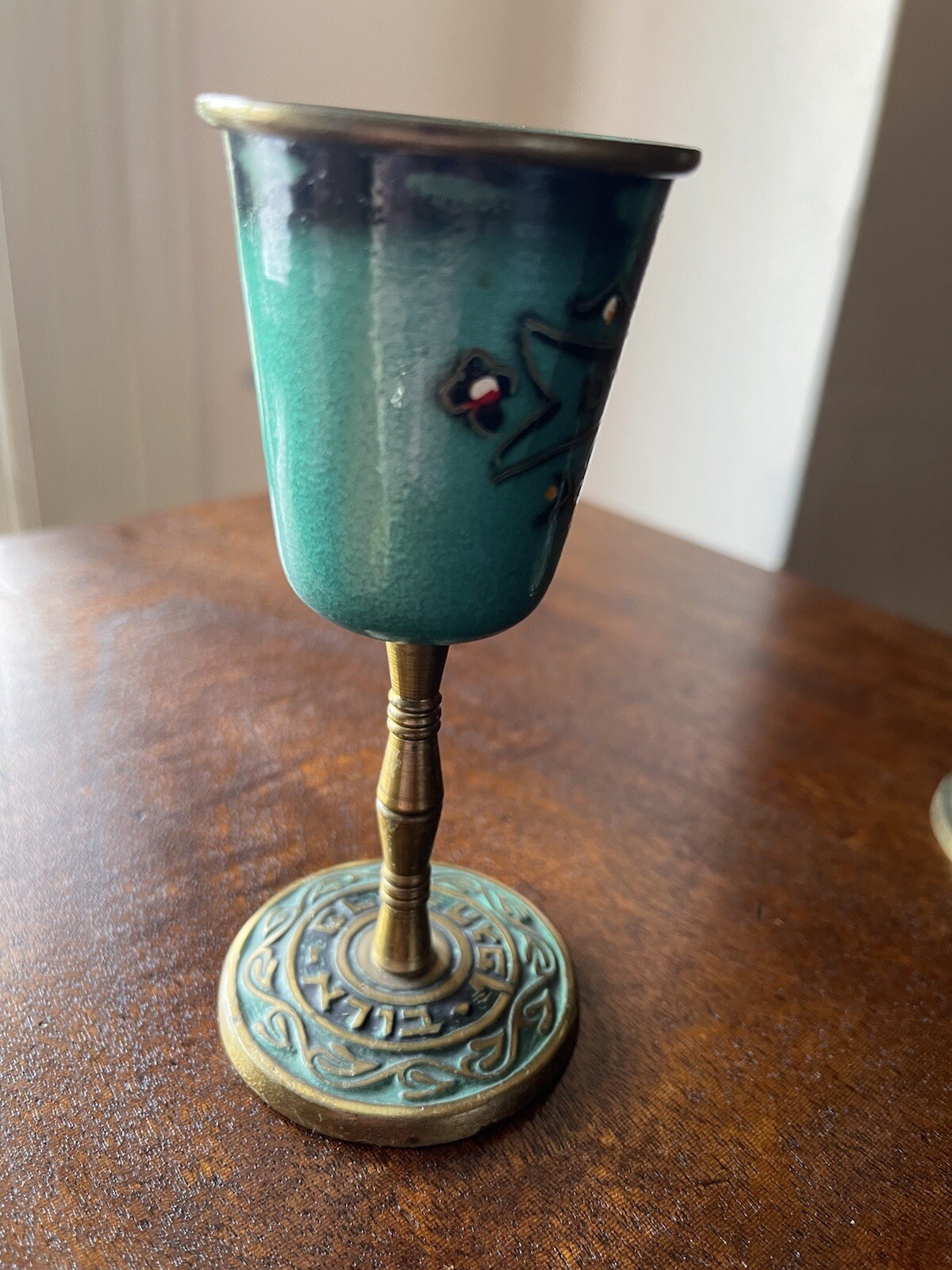 Two Israel Hakuli Hand Painted Goblet Sabra Bright Blue Green 5” Tall