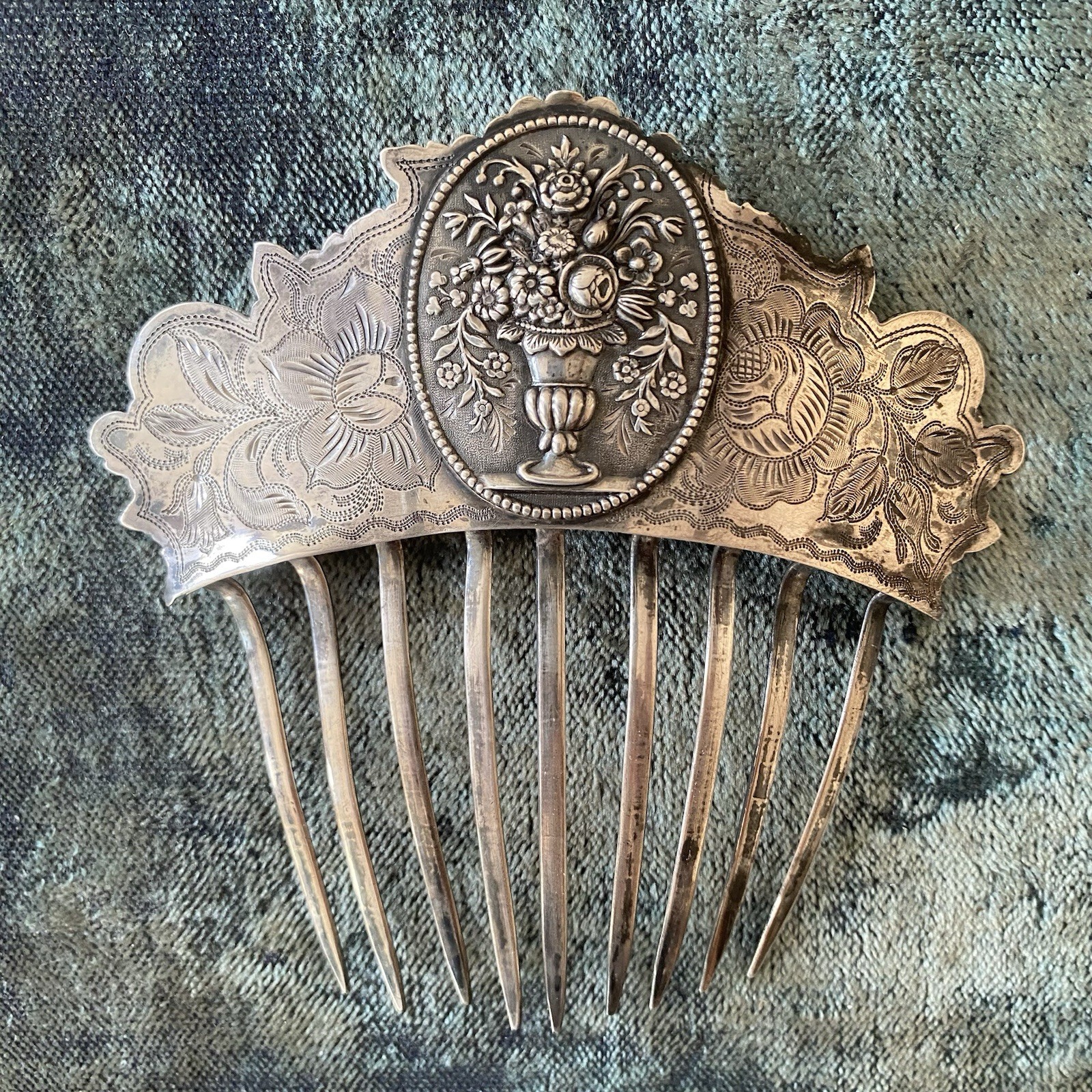 American Early Coin Silver Hair Comb Antique .900 Basket of Flowers Not Sterling