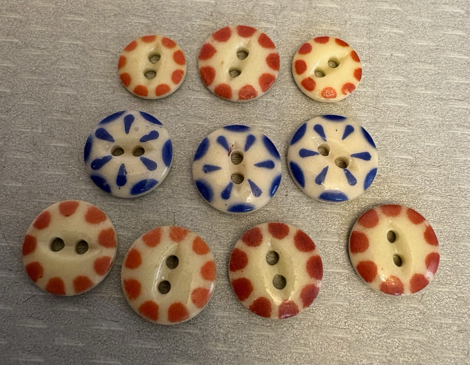 Antique China Stencil Button Lot 10P Blue Orange Fisheye 12mm-15mm