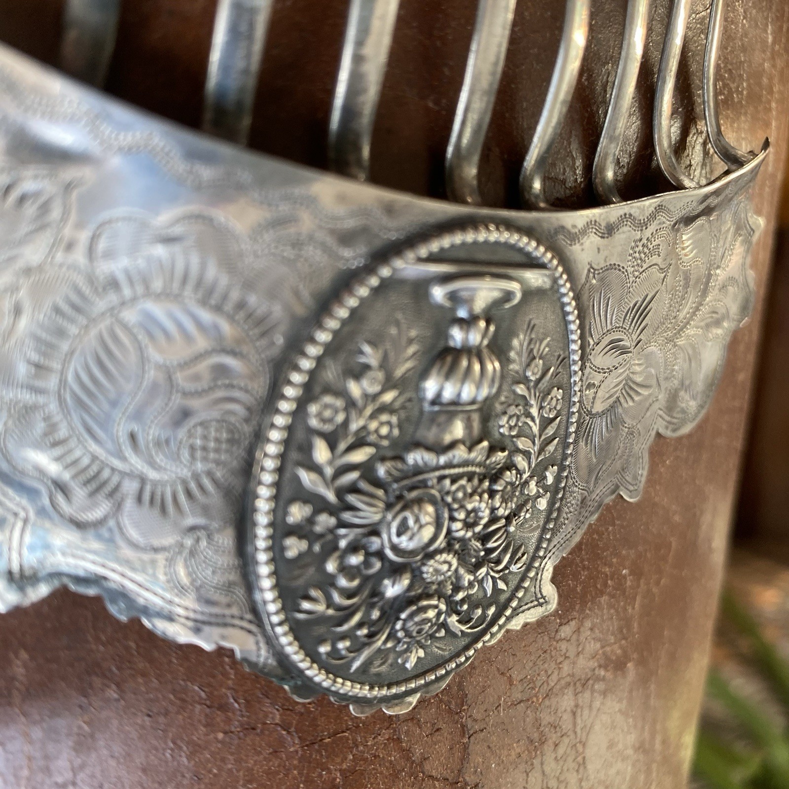American Early Coin Silver Hair Comb Antique .900 Basket of Flowers Not Sterling