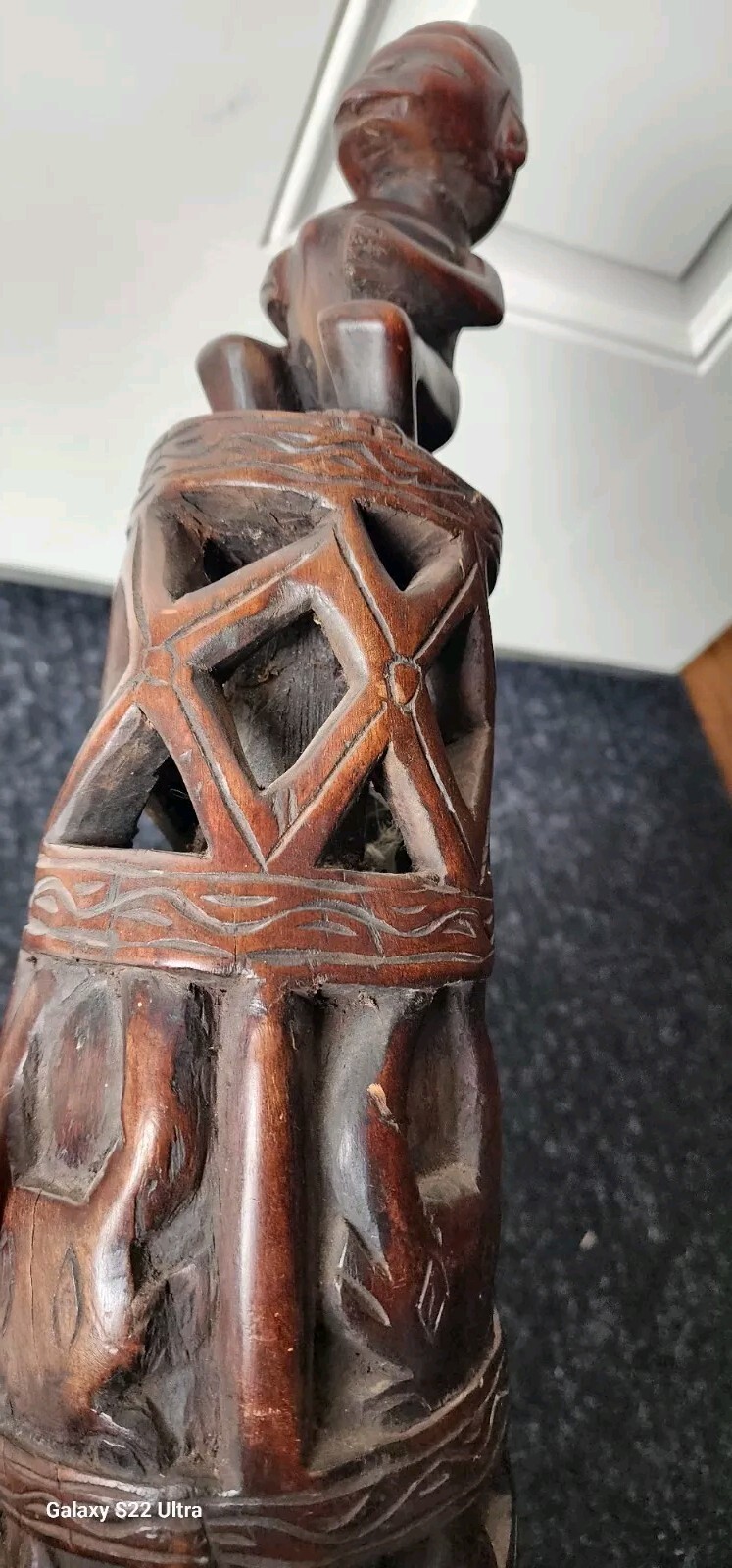 Antique African wood statue tribal art Bamileke horn 22″ fertility