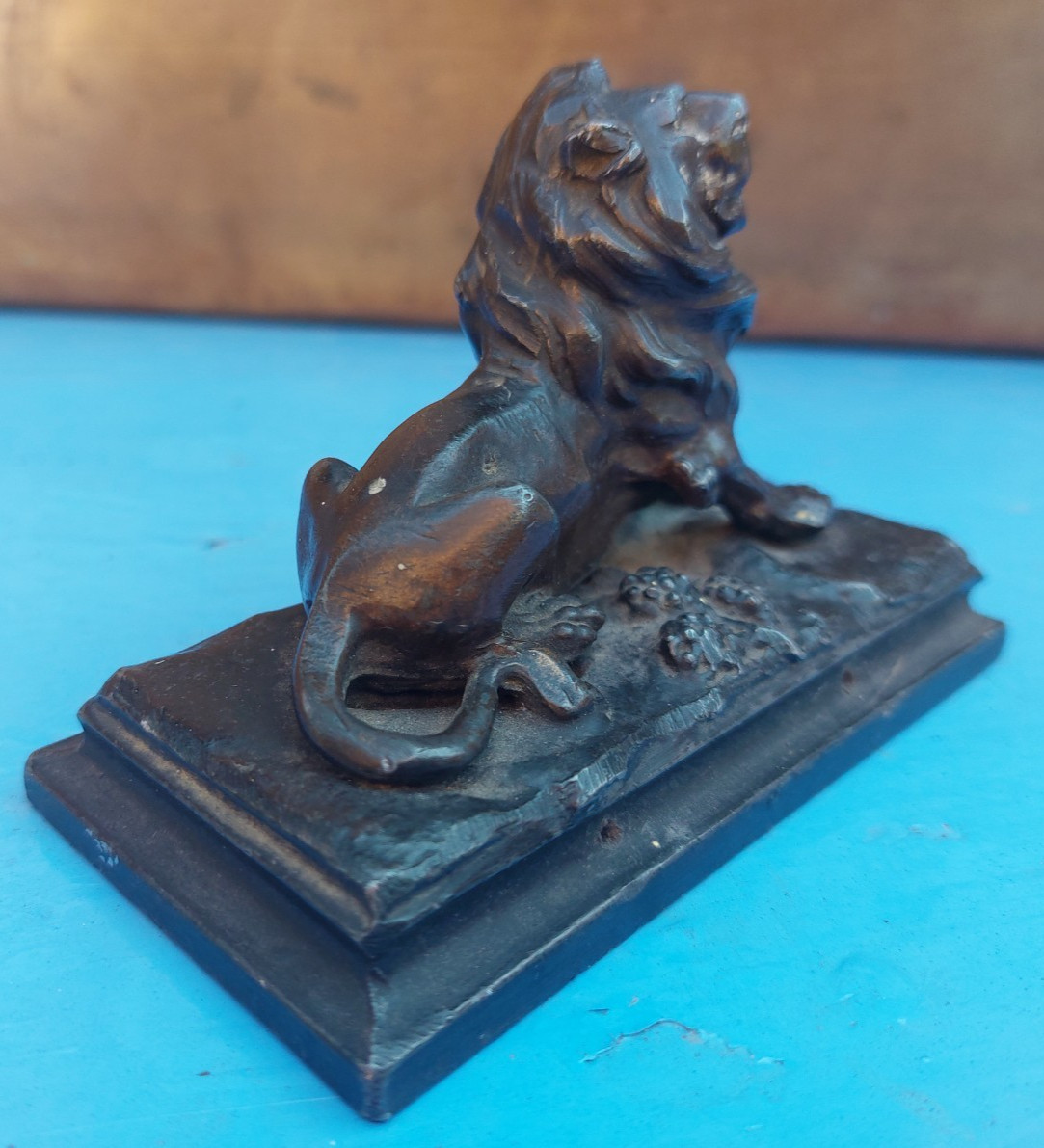 Vintage French cast metal lion on base, desk ornament, spelter