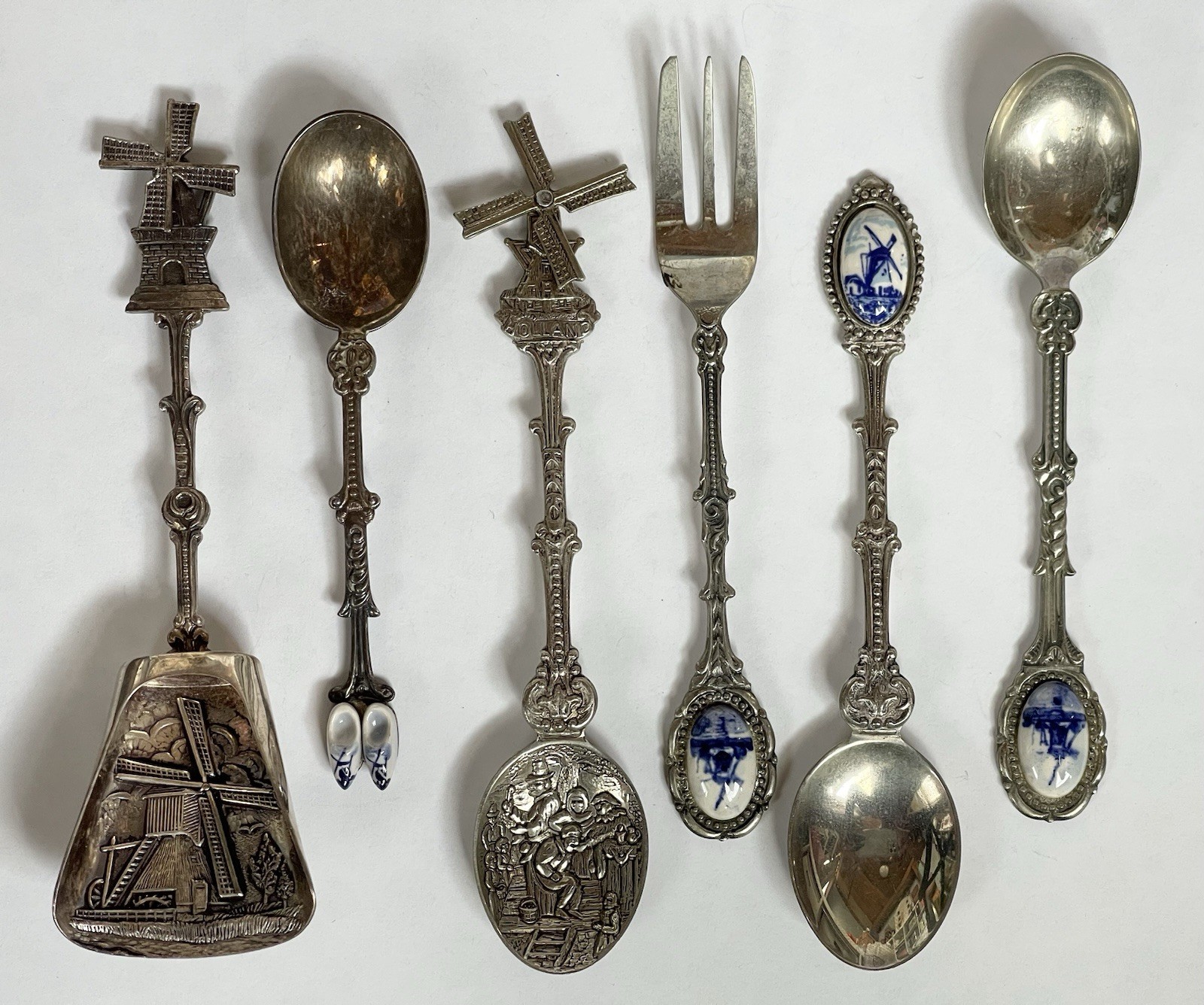 Vtg Souvenir Spoon / Fork Lot 6 Holland Windmill Dutch Clogs Delft Netherlands