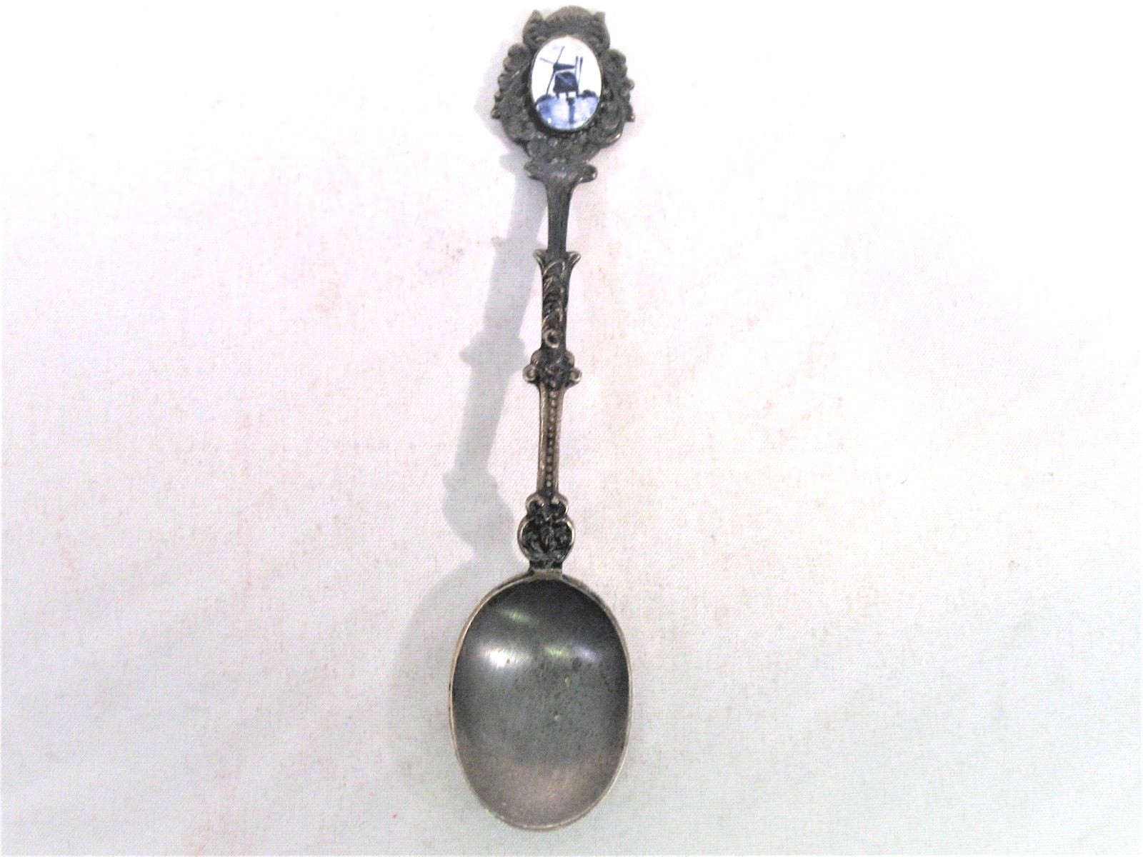 Vintage EPNS Silver Collectible Spoon with Porcelain Blue Windmill Delft