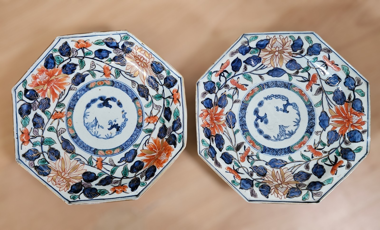 Antique Meiji Japanese Imari Octagonal Chargers Plates Pair 19thC Sho Chiku Bai