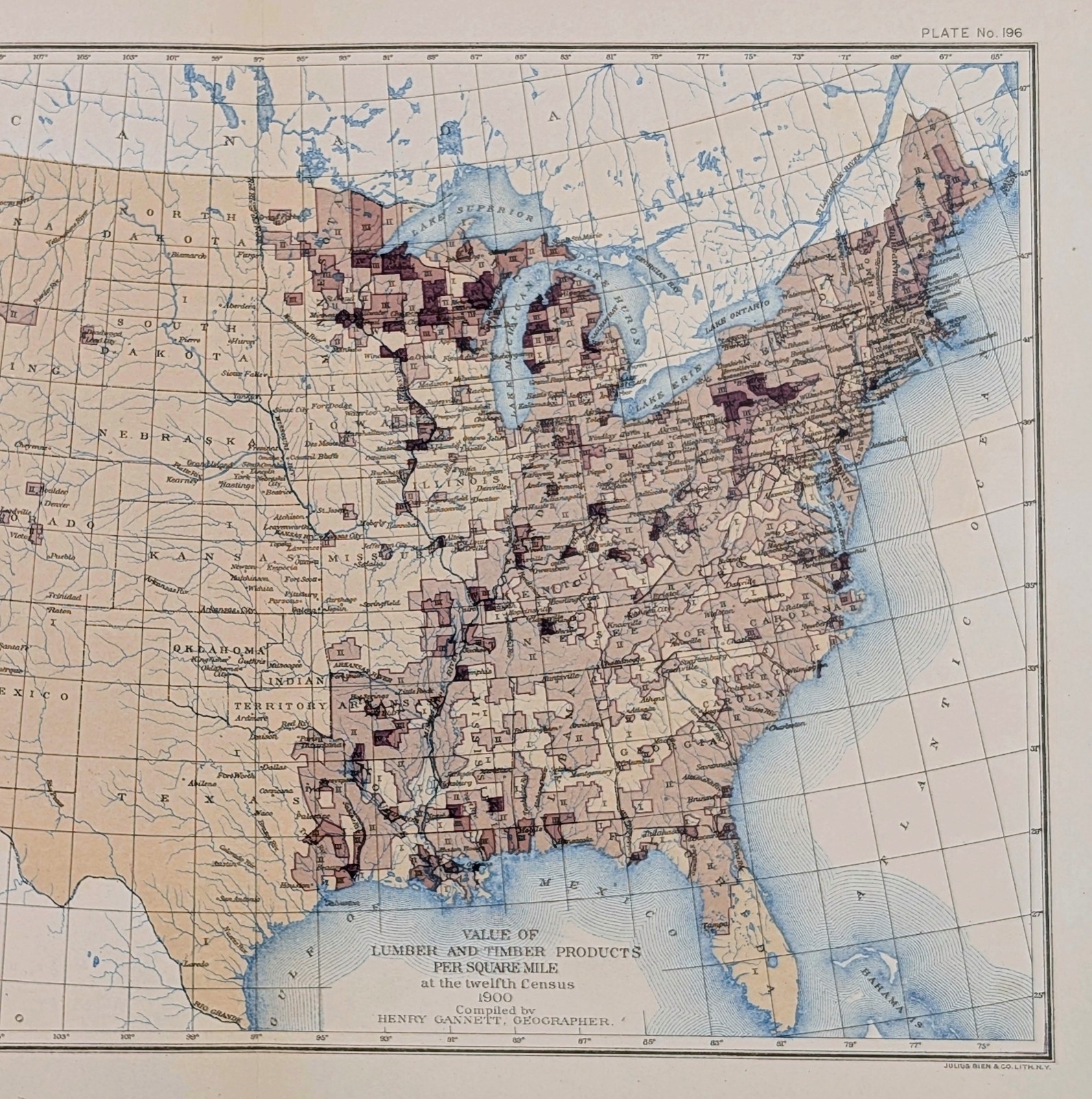 1900 UNITED STATES – TIMBER & LUMBER LANDS Map ORIGINAL Value Per Square Mile
