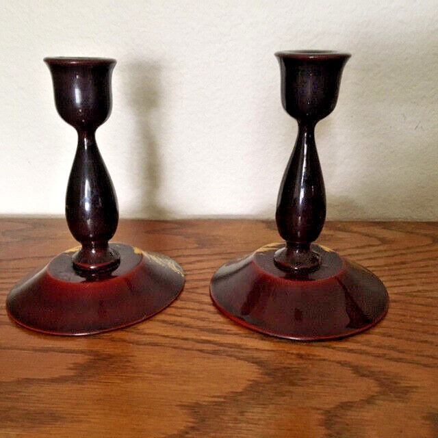 Antiques, Candle Sticks, Ox Blood Lacquer, Mother of Pearl, 1900-1940, Japan