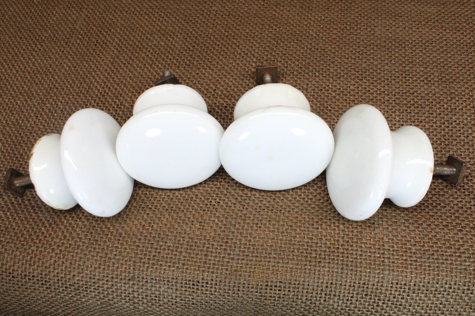 4 Old Porcelain Knobs 2” Drawer Pulls Door Furniture White 1800’s Vintage