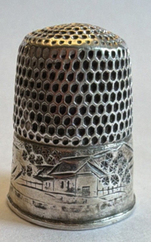 Simons Bros. VictorianSterling Silver Thimble 1850-1899 village house scene