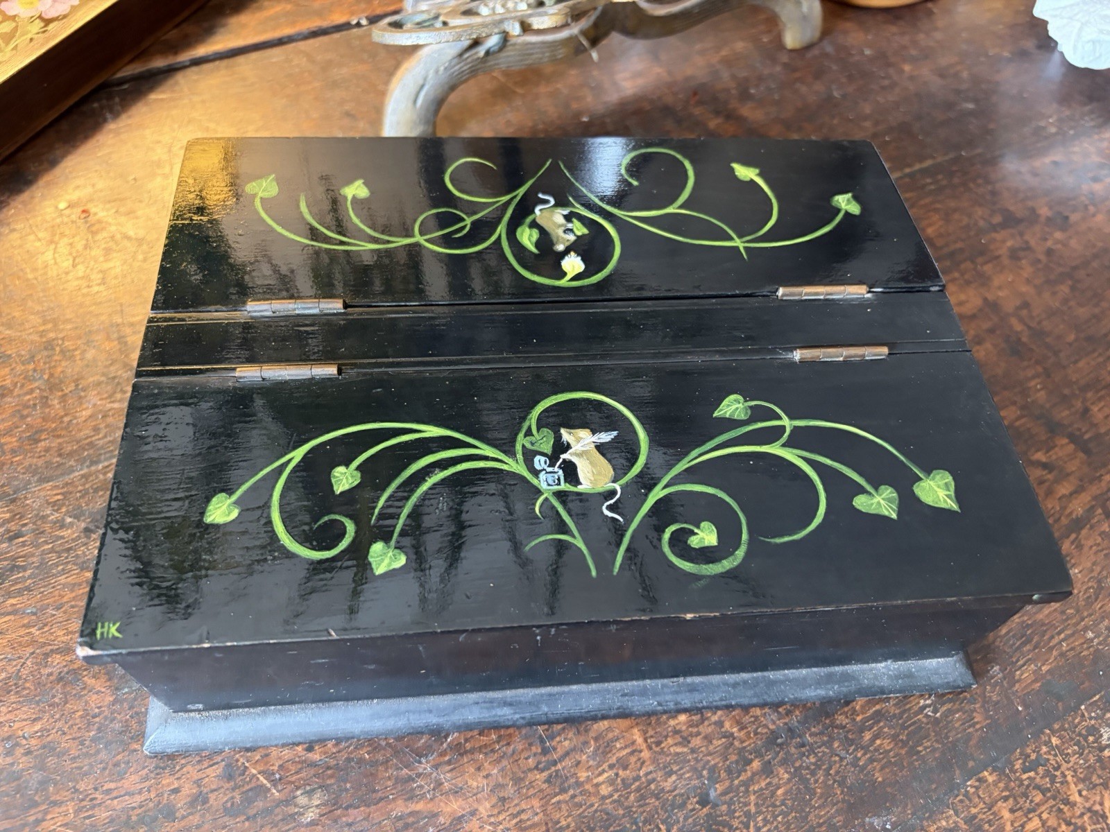 Antique Wooden Pen/ink, Pencil Box, Writing Box, Handpainted Mice