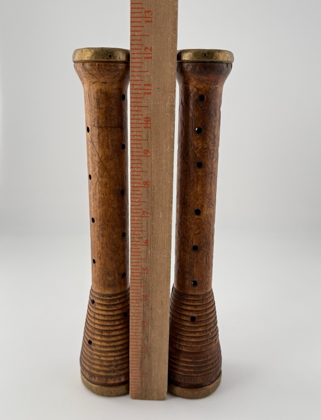 Antique Industrial Textile Mill Bobbins Wood Brass Pair 12″ Primitive Decor