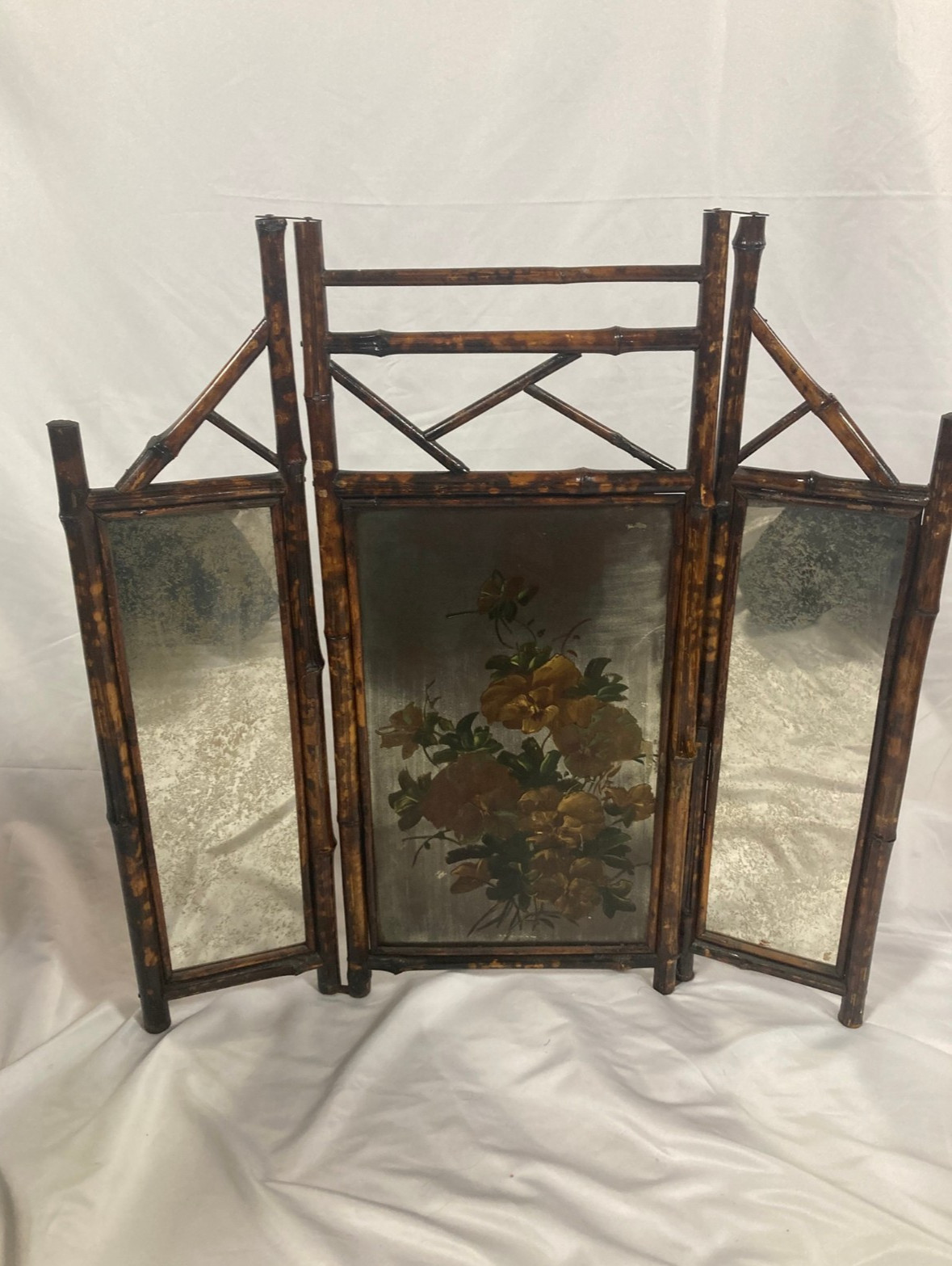 Antique Victorian Aesthetic Movement Bamboo Folding Fire Screen | Hand-Painted