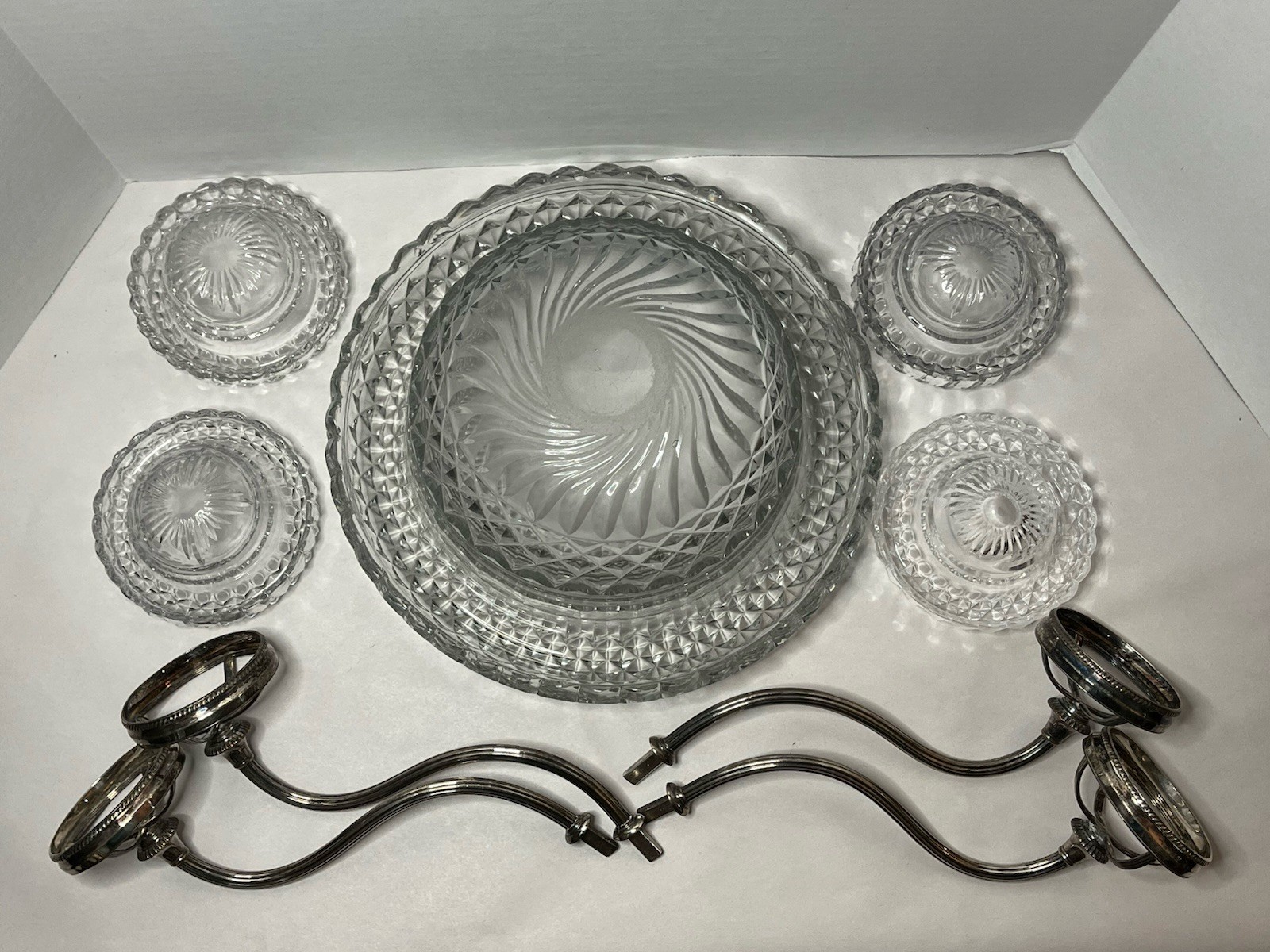 Antique Silver Plate Footed Epergne w 1 Lg 4 Sm Leaded Cut Glass Bowls