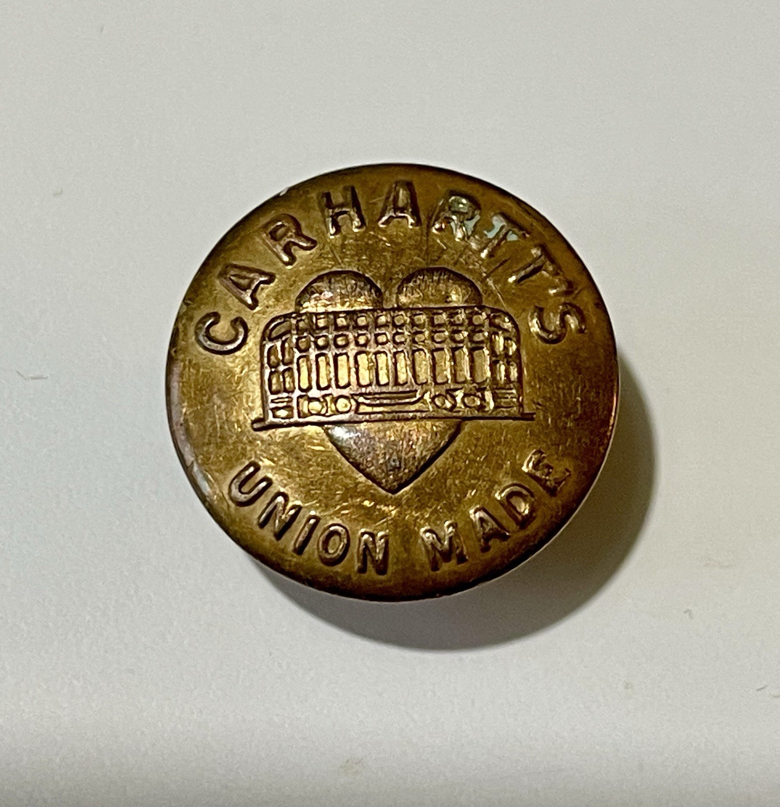 Vtg Carhartt Trolley Heart Button 3/4” Brass Union Made Wobble Shank Antique