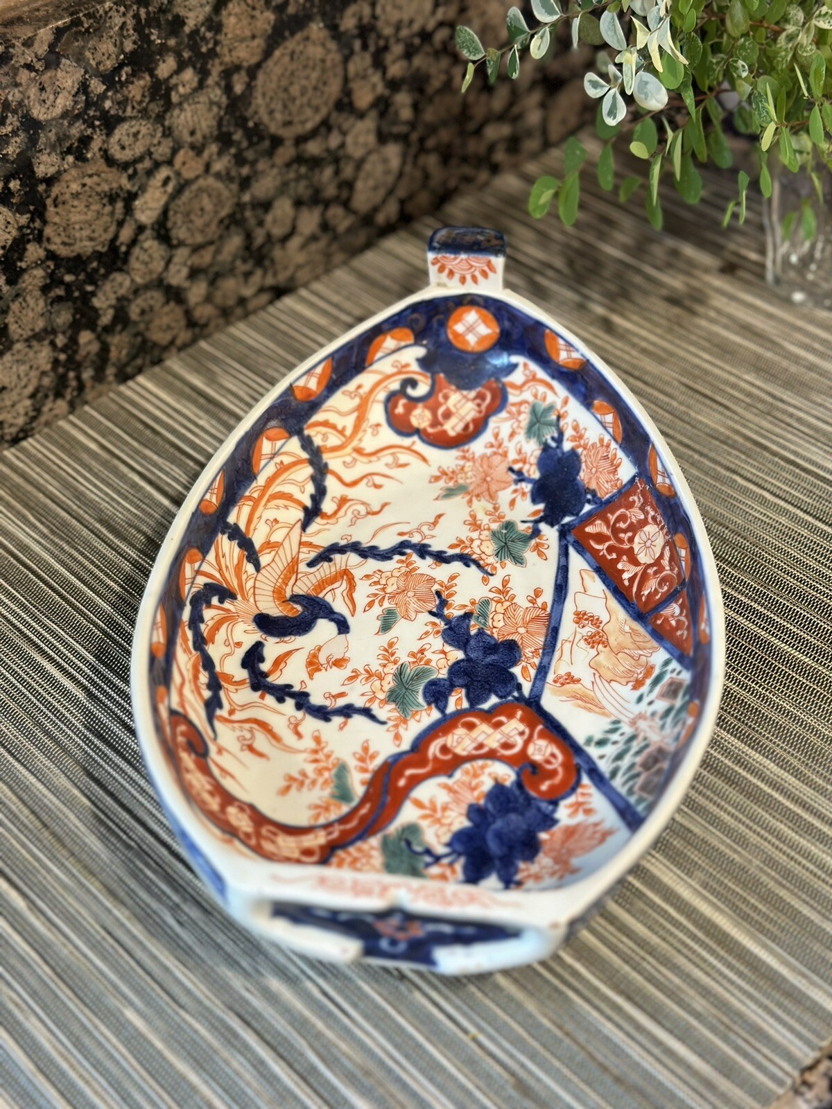 1850-1899 Antique Japanese Meji Period Imari Boat Platter Palatial Hibiscus