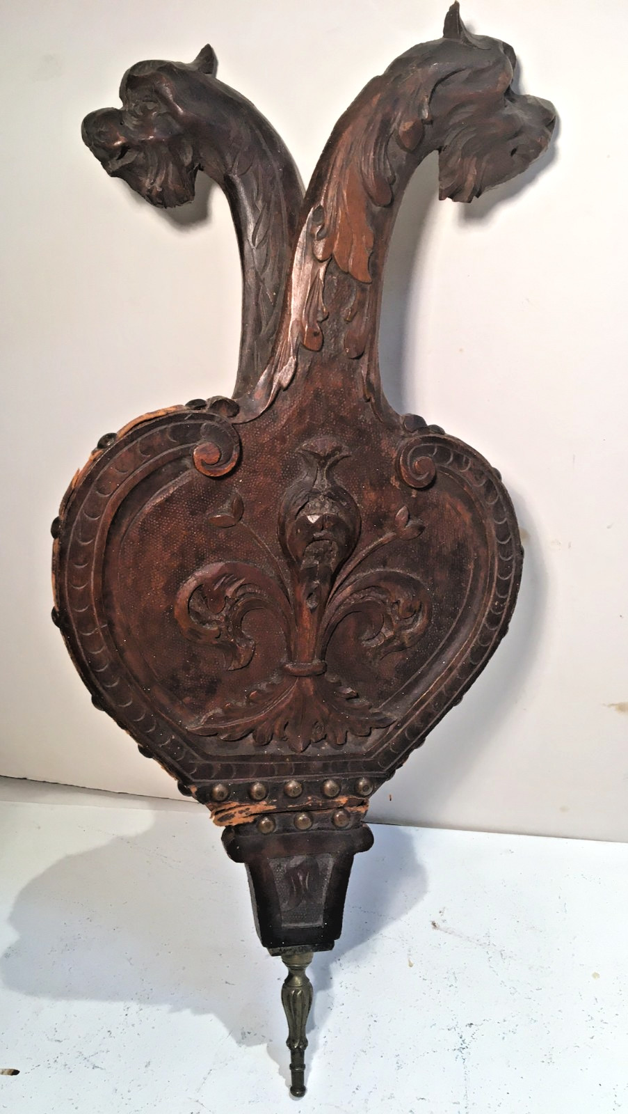 ANTIQUE BLACK FOREST ITALY FRANCE WOOD CARVED FIREPLACE BELLOWS FLEUR DE LIS