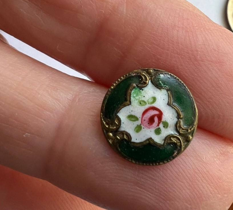 Small diminutive Antique French Enamel button~Pink Rose~Green~11mm~E32