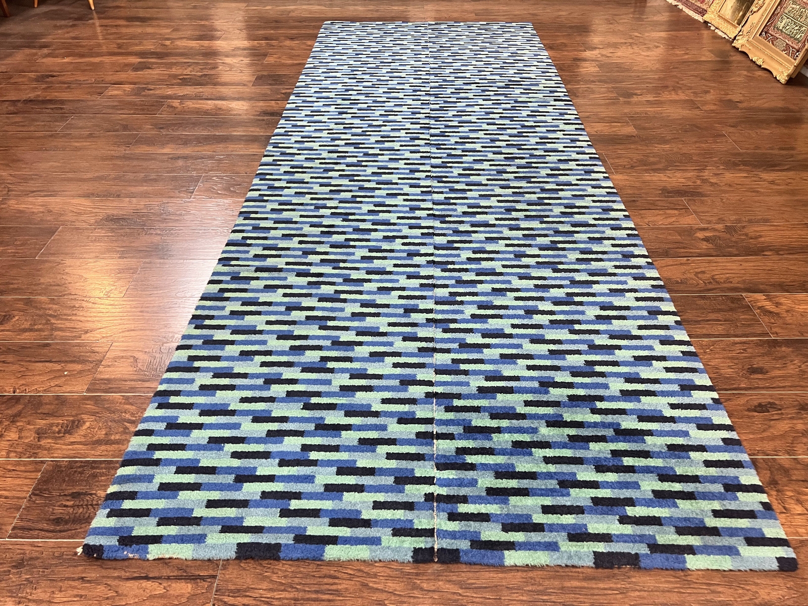 Wide Runner Rug 4.7 x 12 Blue Multicolor Contemporary Wool Mosiac Design Vintage