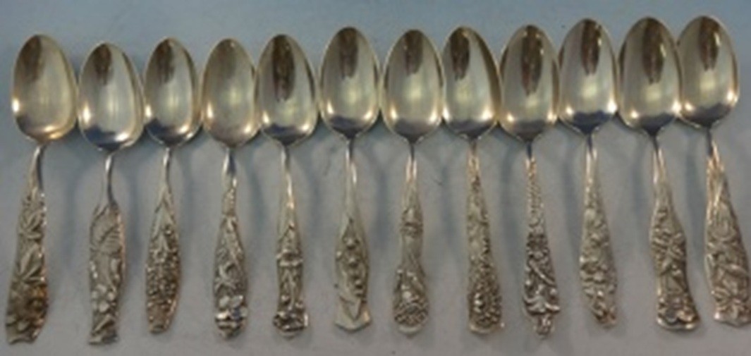 Flora by Shiebler Sterling Silver Teaspoon Set of 12 Each different flower 5 5/8
