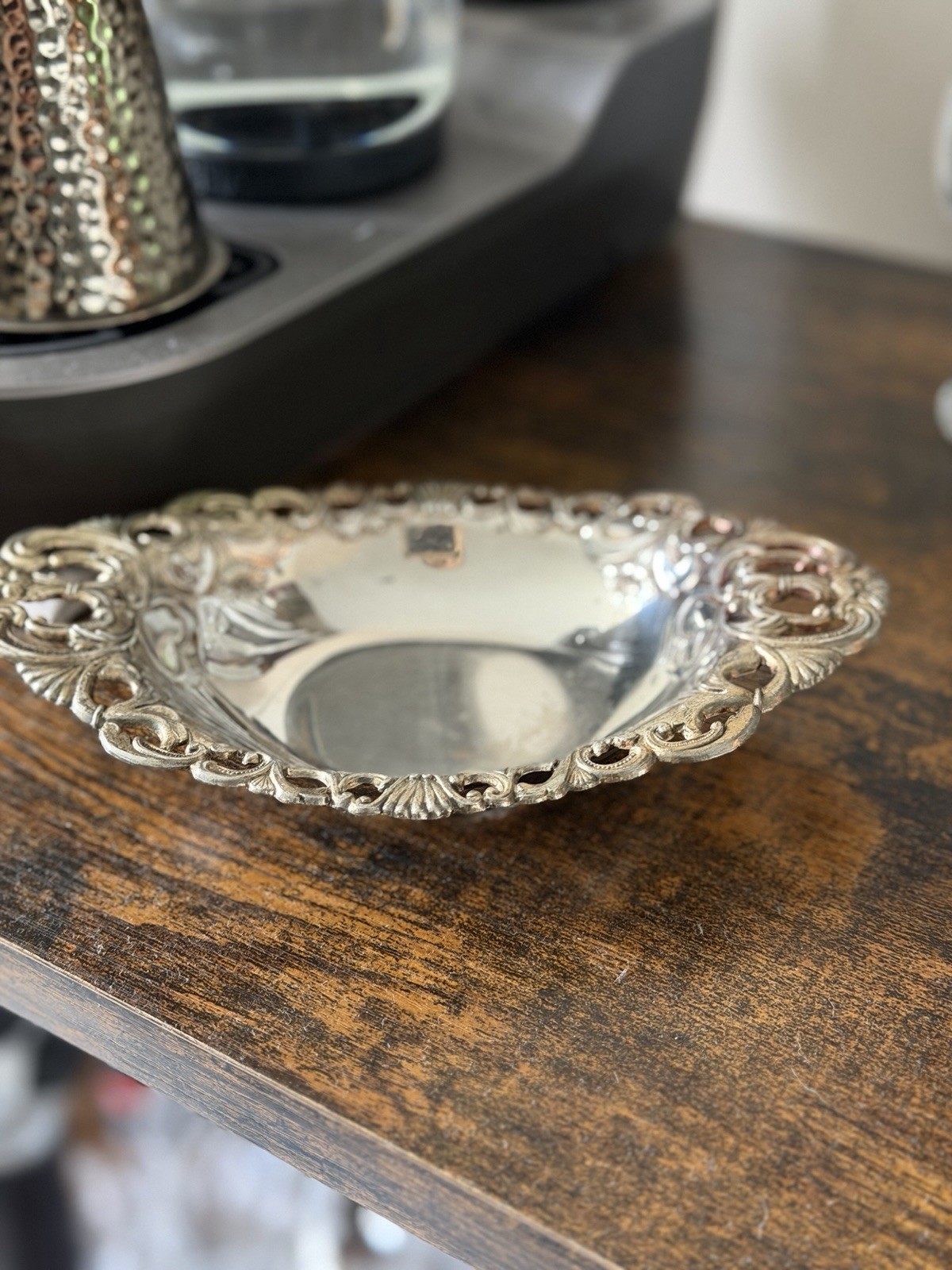 Silverplate Ornate Bowl with Art Nouveau Design, Decorative Rim, 1900-1940