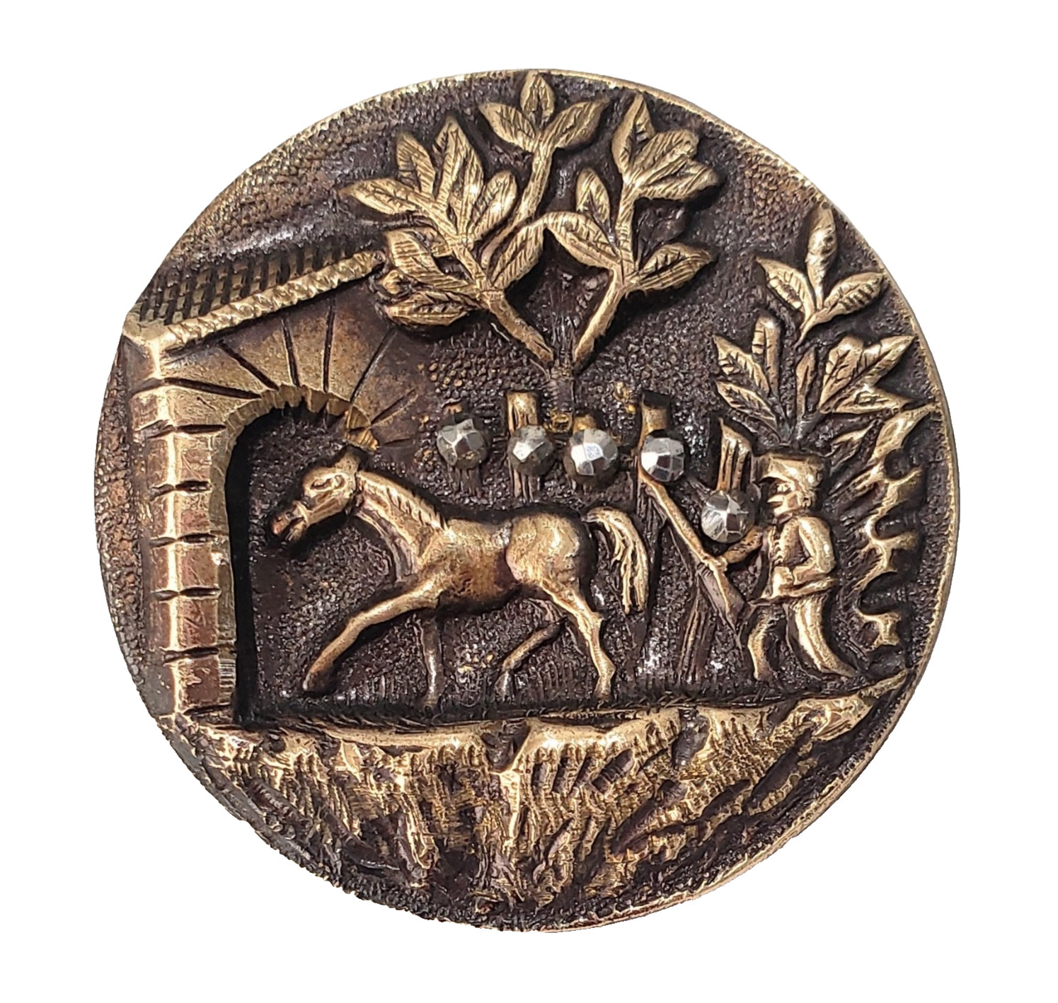 Antique Metal Picture Button Man Herding Horse Into Stable Cut Steels Large