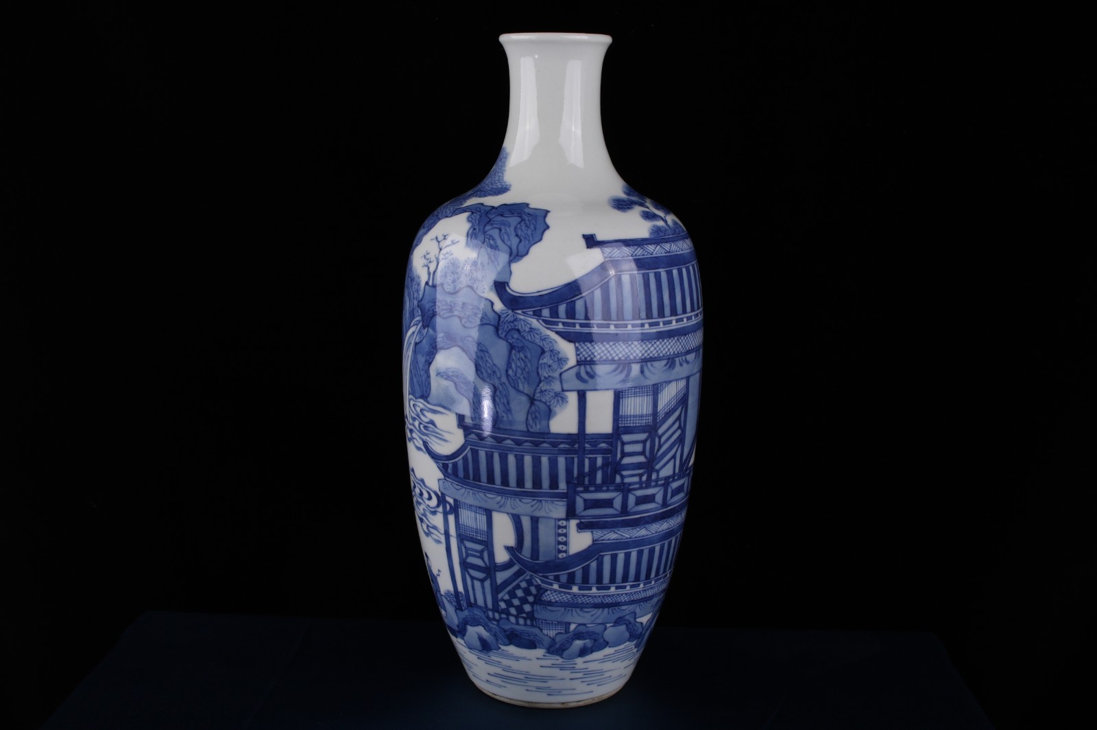C0102. Blue & White Vase with Landscape & Scholar, Kangxi Mark
