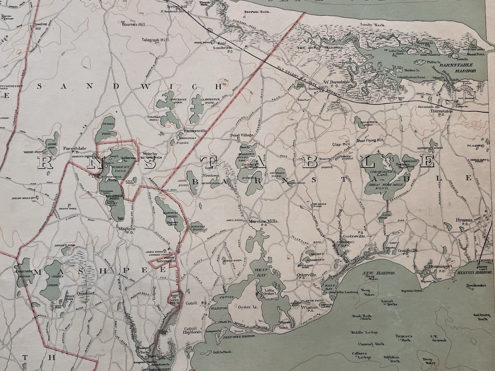 1891 Original Cape Cod Map,Falmouth,Mashpee,Sandwich,Barnstable,Mass,MA,Bay,Old