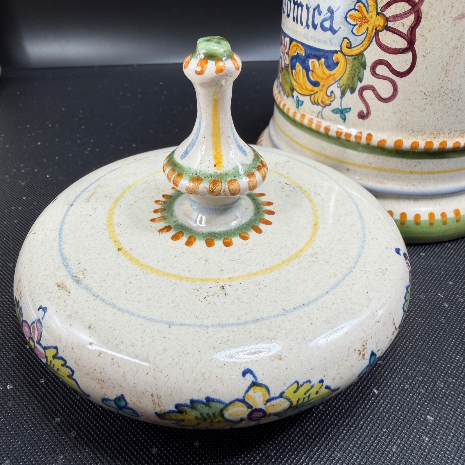 Vintage Italian Ceramic Apothecary Jar Nux Vomica Hand Painted PV Italy 8 Inch