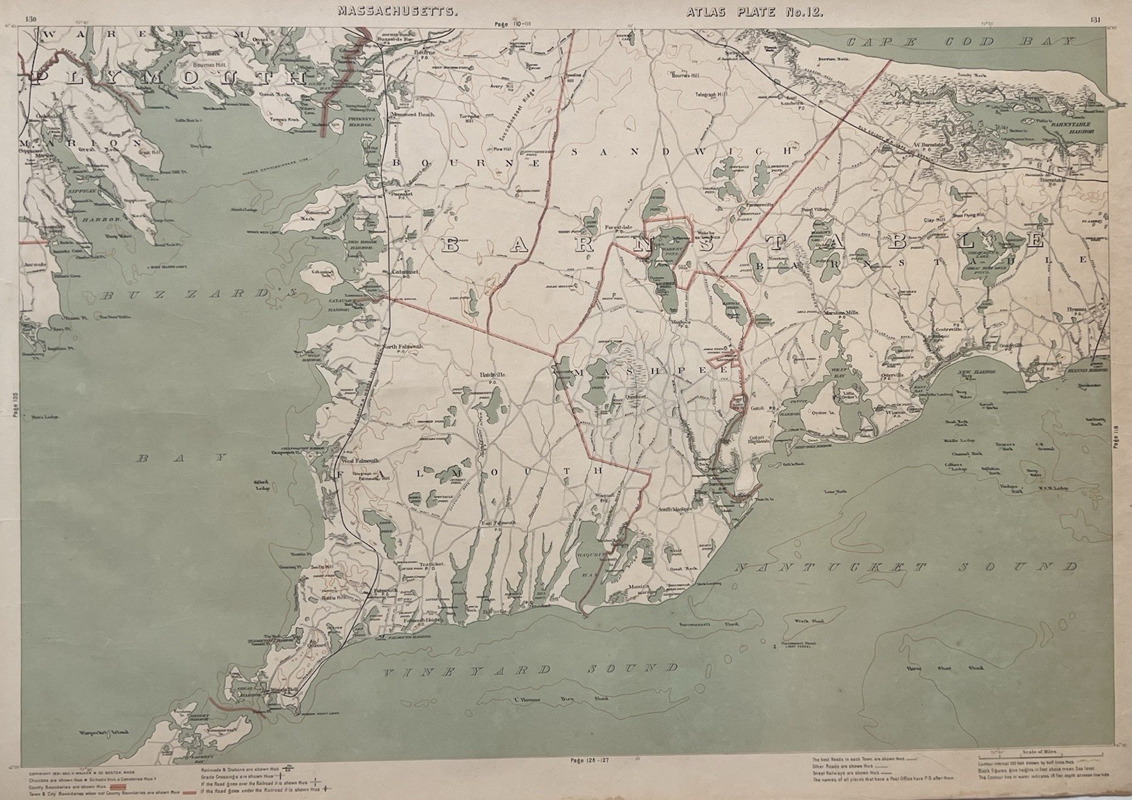 1891 Original Cape Cod Map,Falmouth,Mashpee,Sandwich,Barnstable,Mass,MA,Bay,Old