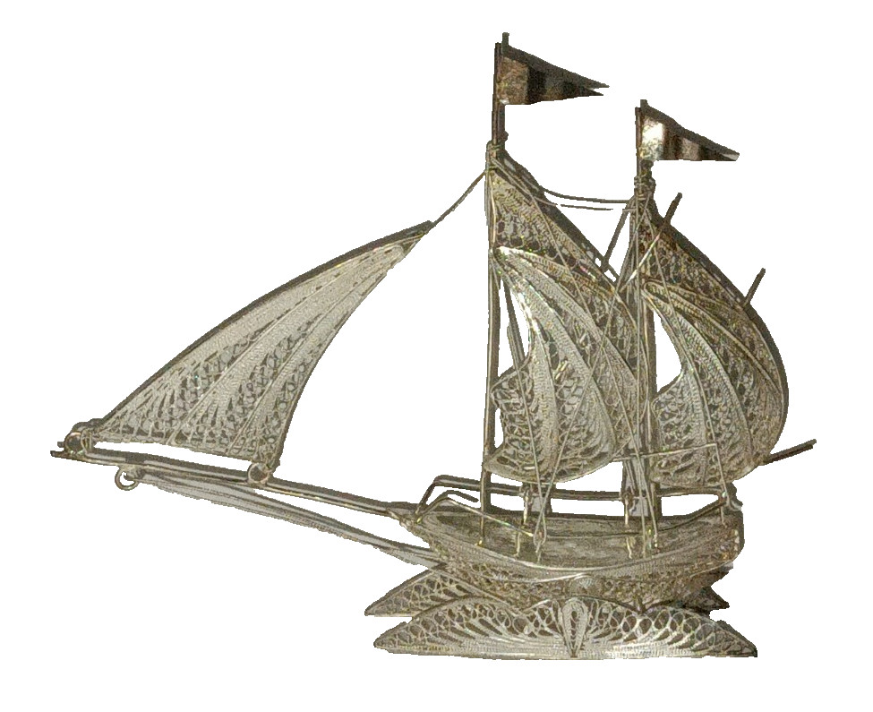 3″ Vtg Sterling Silver Filigree Tall Sailing Ship Sailboat Schooner Figurine 15g