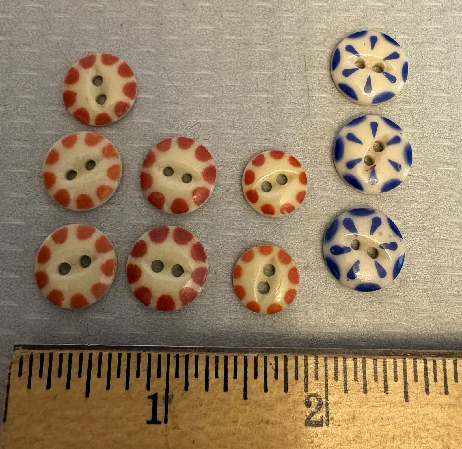 Antique China Stencil Button Lot 10P Blue Orange Fisheye 12mm-15mm