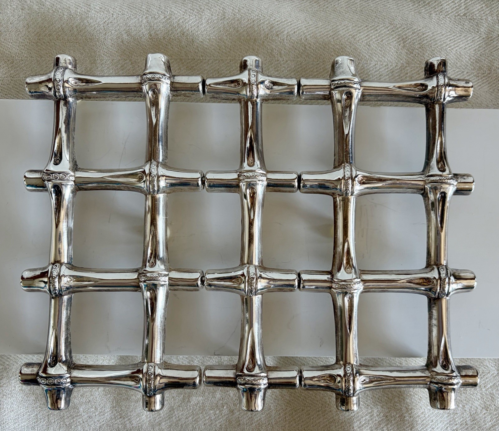 Leonard Silver Plate Bamboo Trivet Expandable With Feet Covers Made in Italy