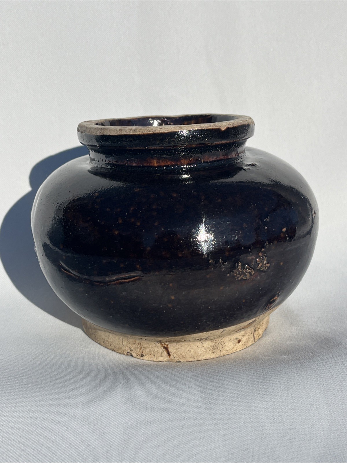 Antique Vinegar Glazed Pot Handmade Clay Chinese Shanxi Black – 3.5” Tall – 5” W