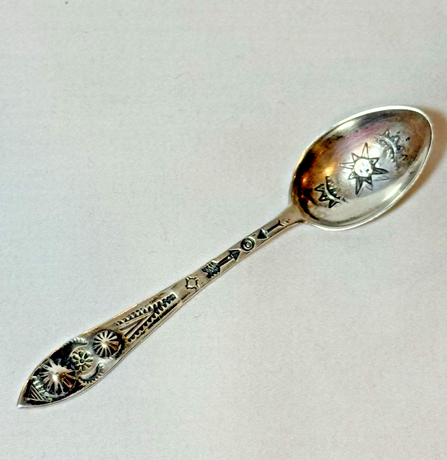 1930s Fred Harvey Era Native American Stamped Coin Silver Baby Spoon