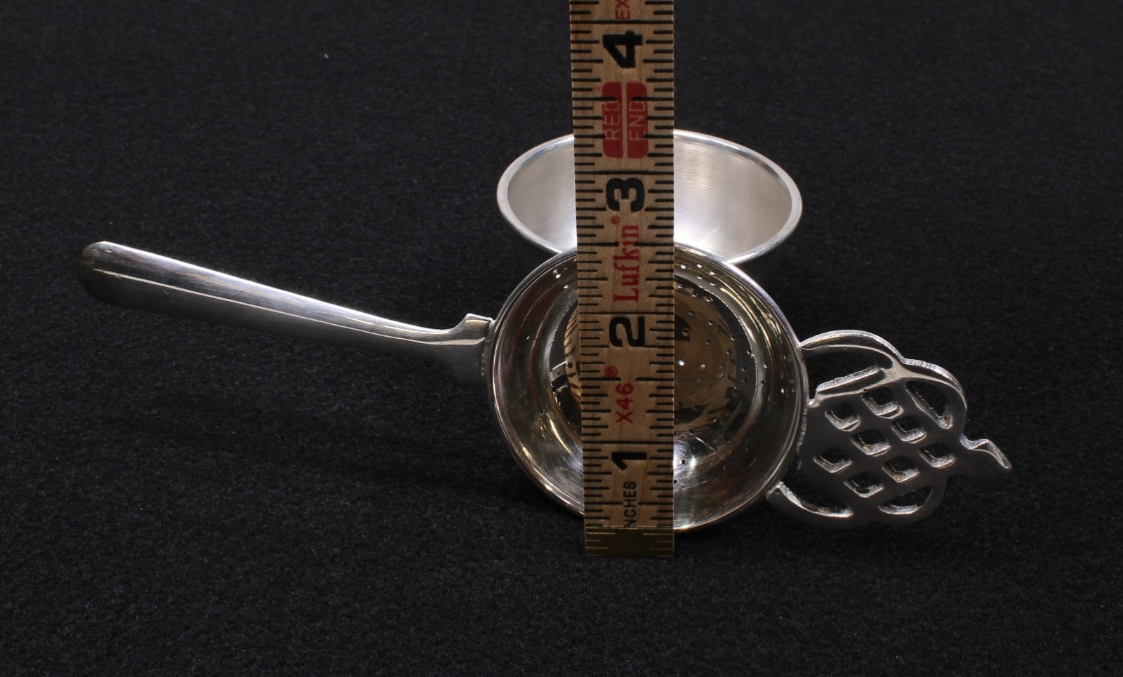 Vintage Silver Plated Tea Strainer With Drip Cup Ornate Crown Lattice Design