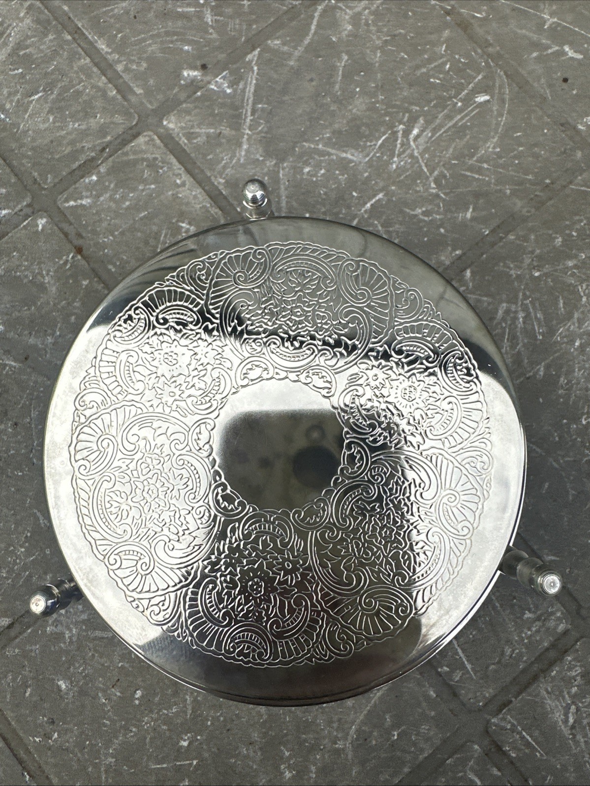 Vintage Silver Plated Set of 6 Etched Round Coasters in Caddy Holder 7 Piece Set