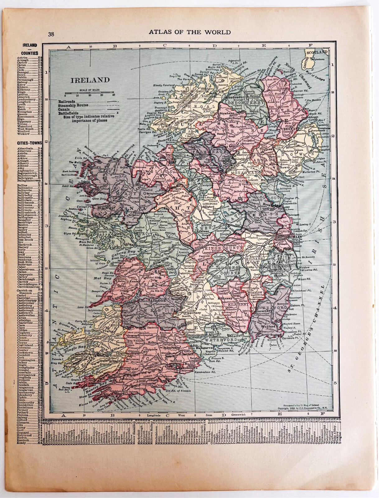 1917 Ireland Map Atlas Of The World Europe WW1 Era United Kingdom DWUU1B