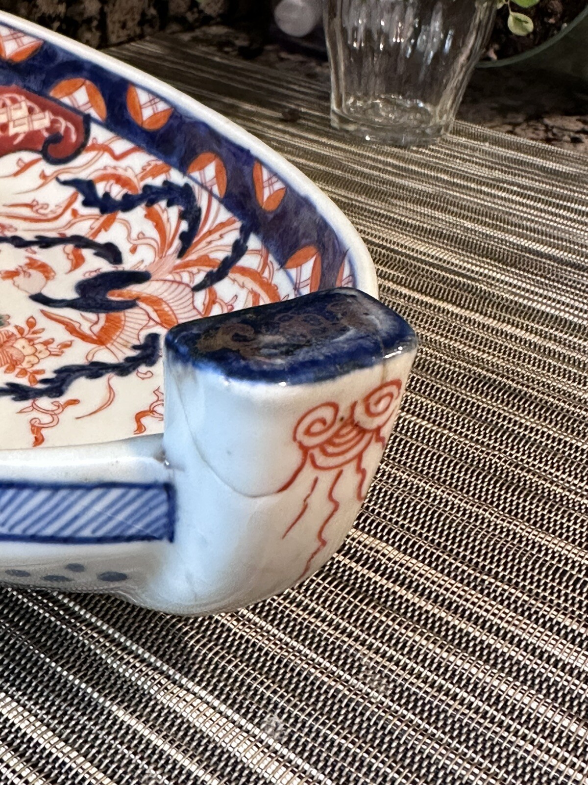 1850-1899 Antique Japanese Meji Period Imari Boat Platter Palatial Hibiscus