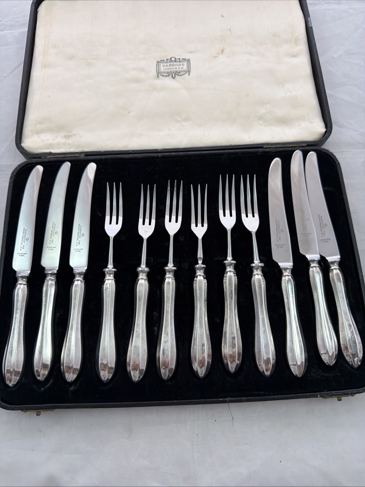 Harrods London S.W. Set of Antique Silver-Plated Dessert Forks & Knives w/ Case