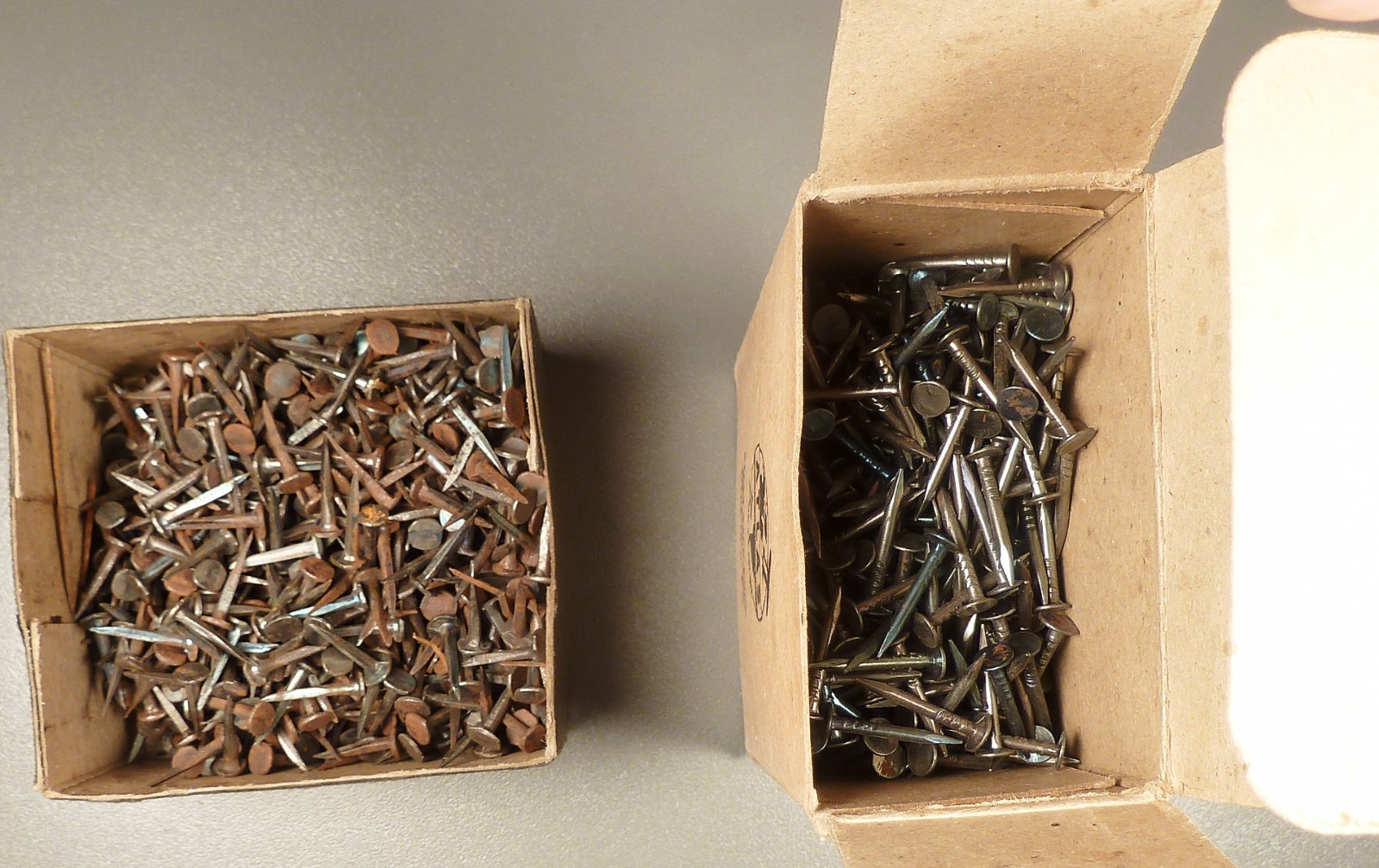 Vintage 11/16″ #12 Atlas & 5/8″ Unknown Box Upholsterers Tacks, 2 Boxes, Antique