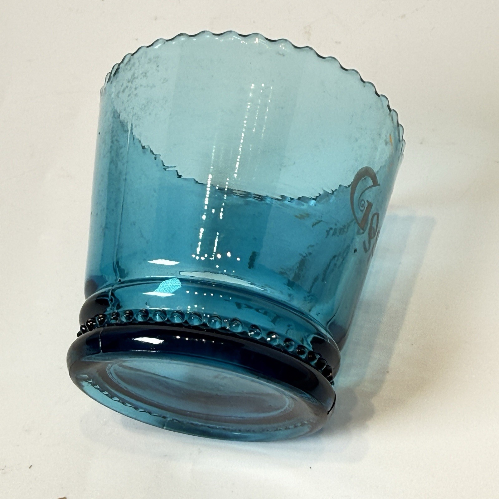 GOSHEN , INDIANA IN Green Depression Souvenir BLUE Gilded RARE Gold Antique Cup