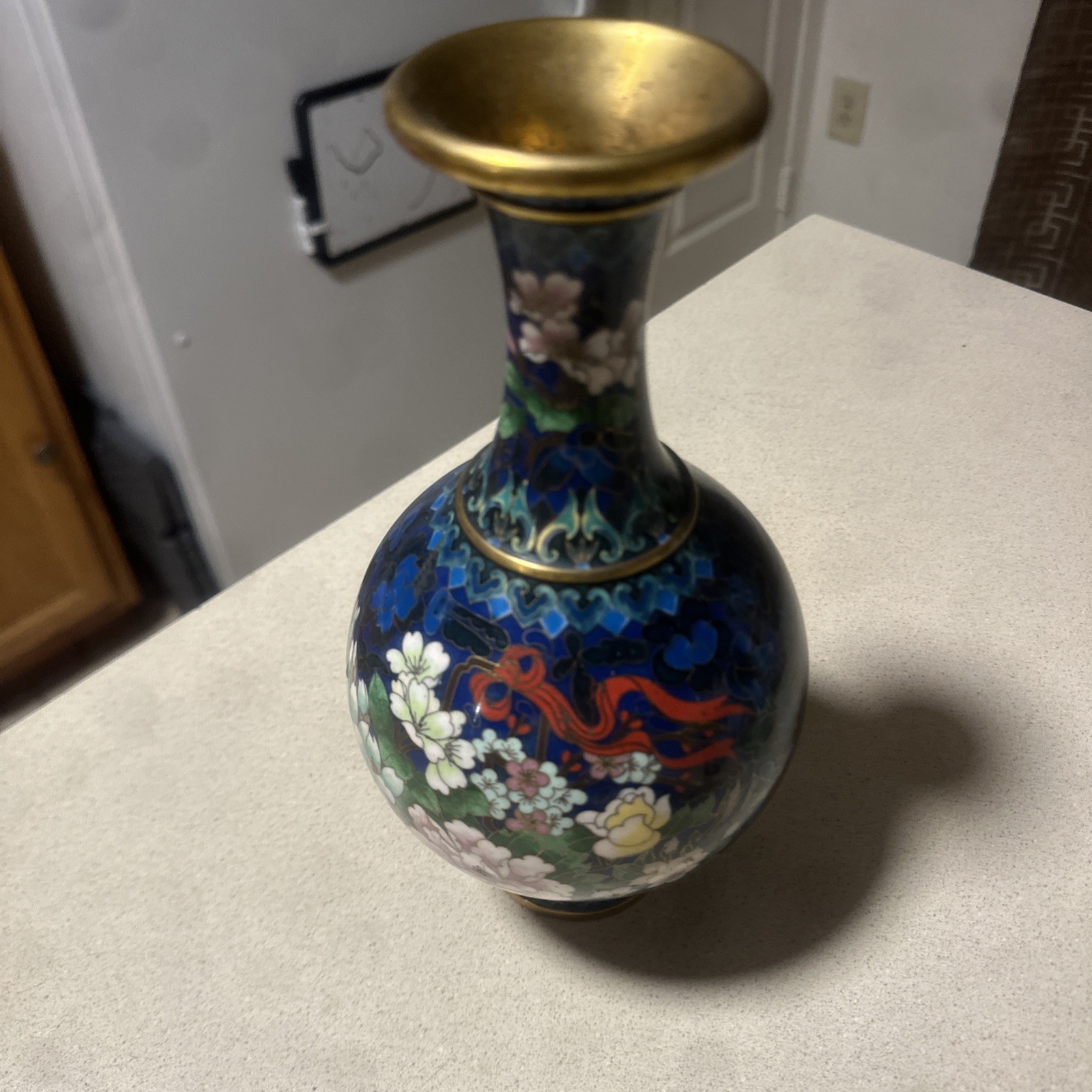 Vintage Chinese Cloisonne Enamel Blue Multicolor Flowers Vase