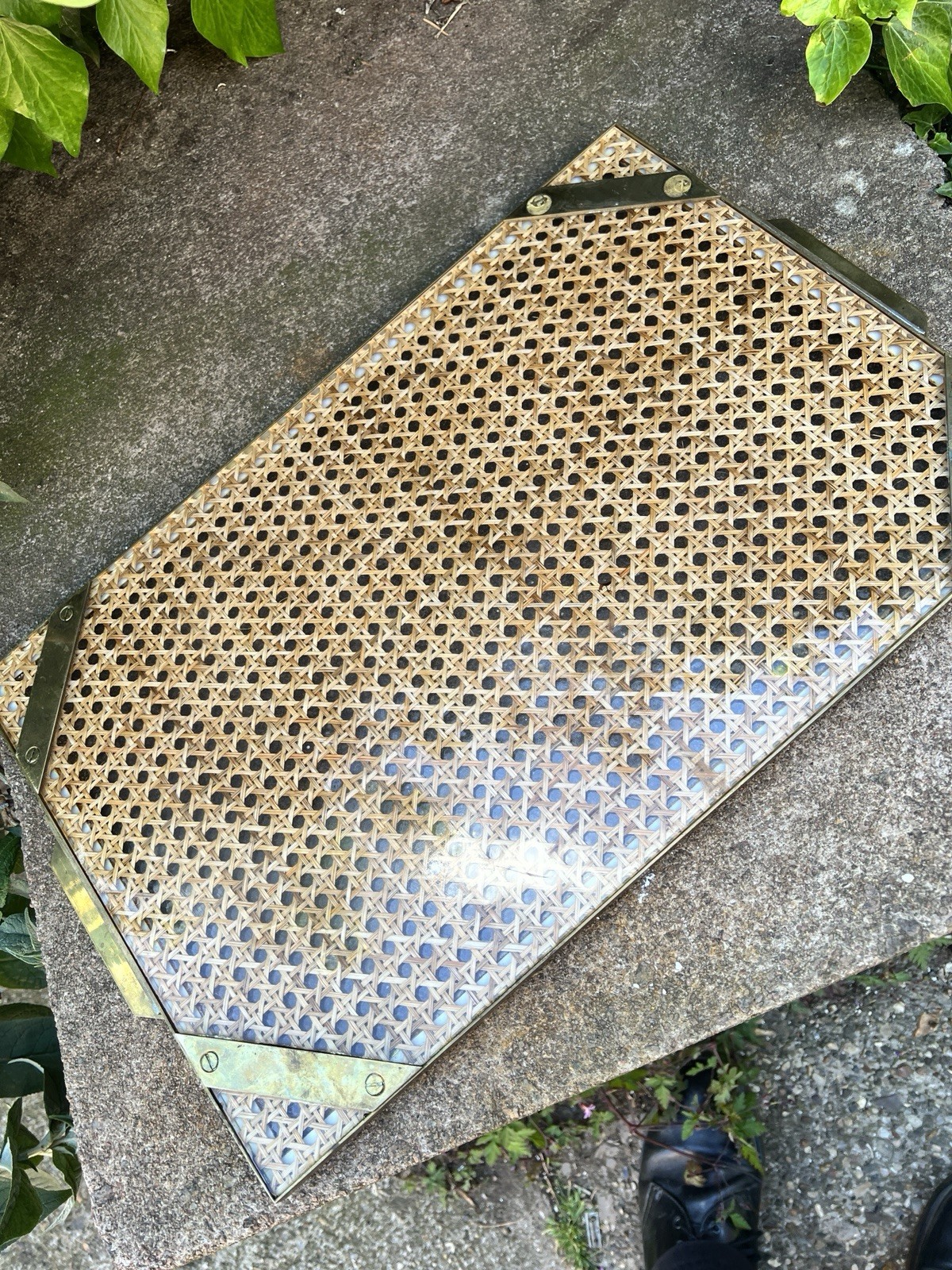 Vintage Mid Century Brass Lucite Rattan serving tray Montagnani Italy 1970s Old
