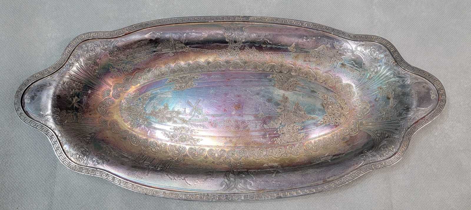 Antique Vintage SERVING BREAD TRAY Silvered WINDMILL Stamped ETCHED SCENIC TOWN