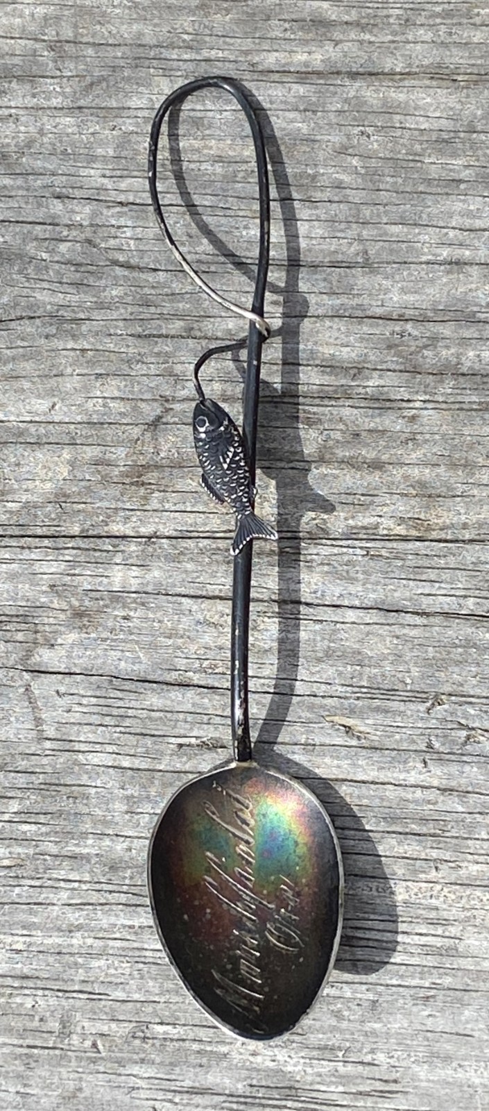 Old Antique 5 grams Sterling Silver Fly Fishing Souvenir Spoon Marshfield Oregon