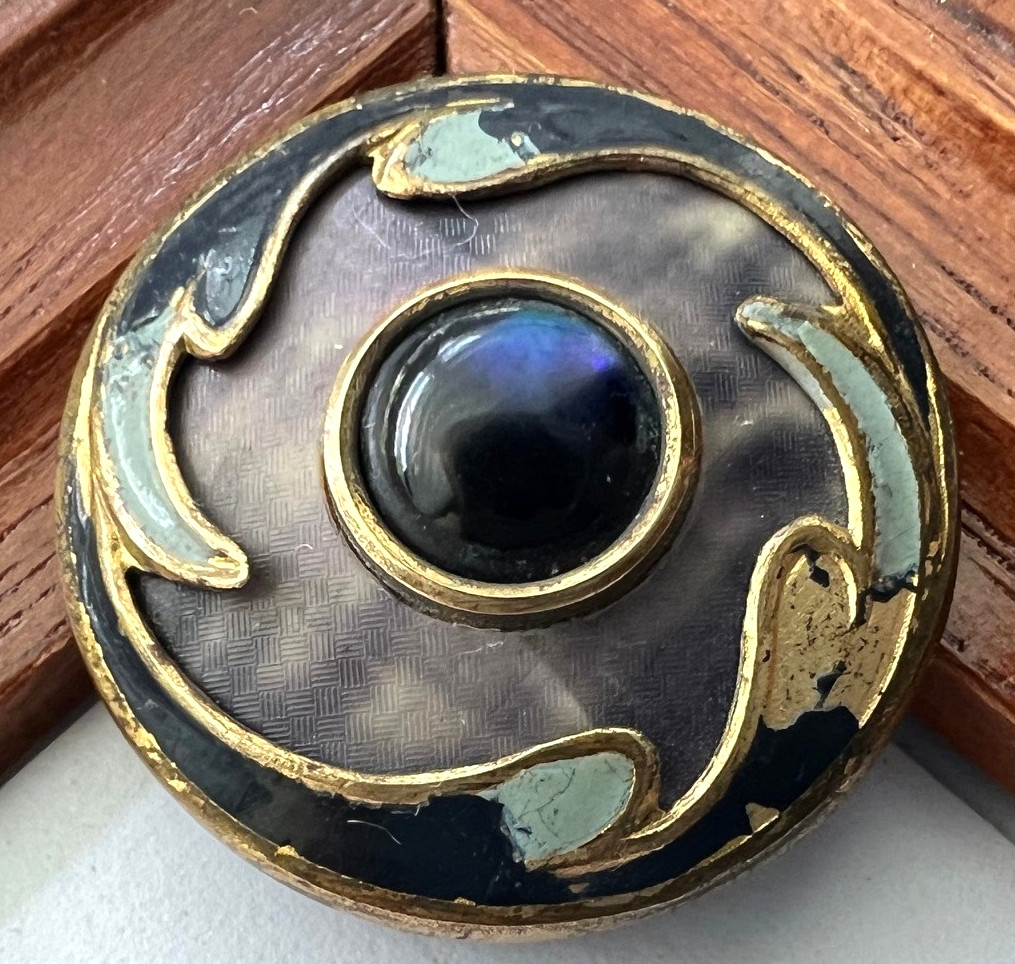 Antique brass button w/celluloid liner~Blue jewel & hand painting~7/8″~05