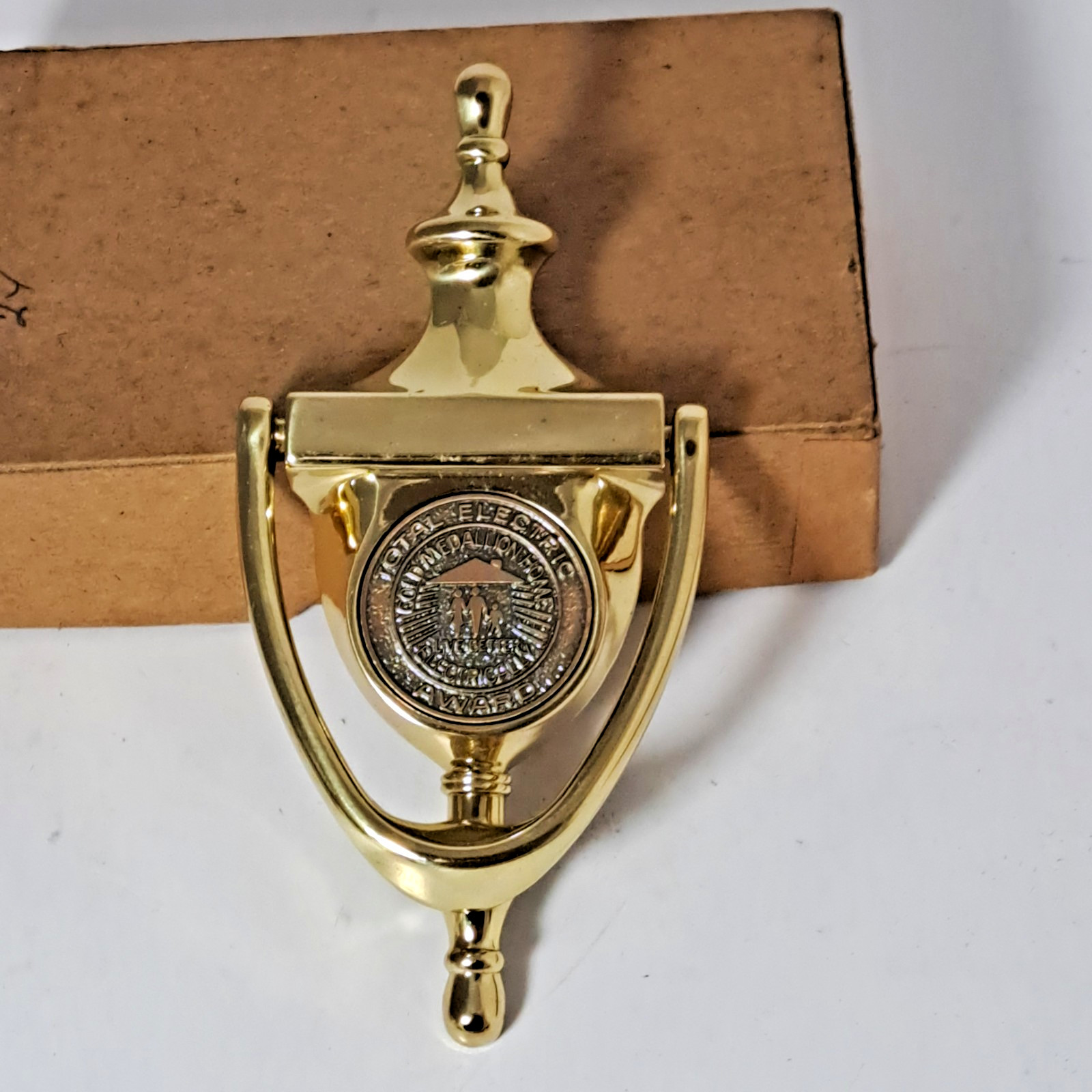 MCM Brass Door Knocker Total Electric Award Gold Medallion Home Electricity 4.25