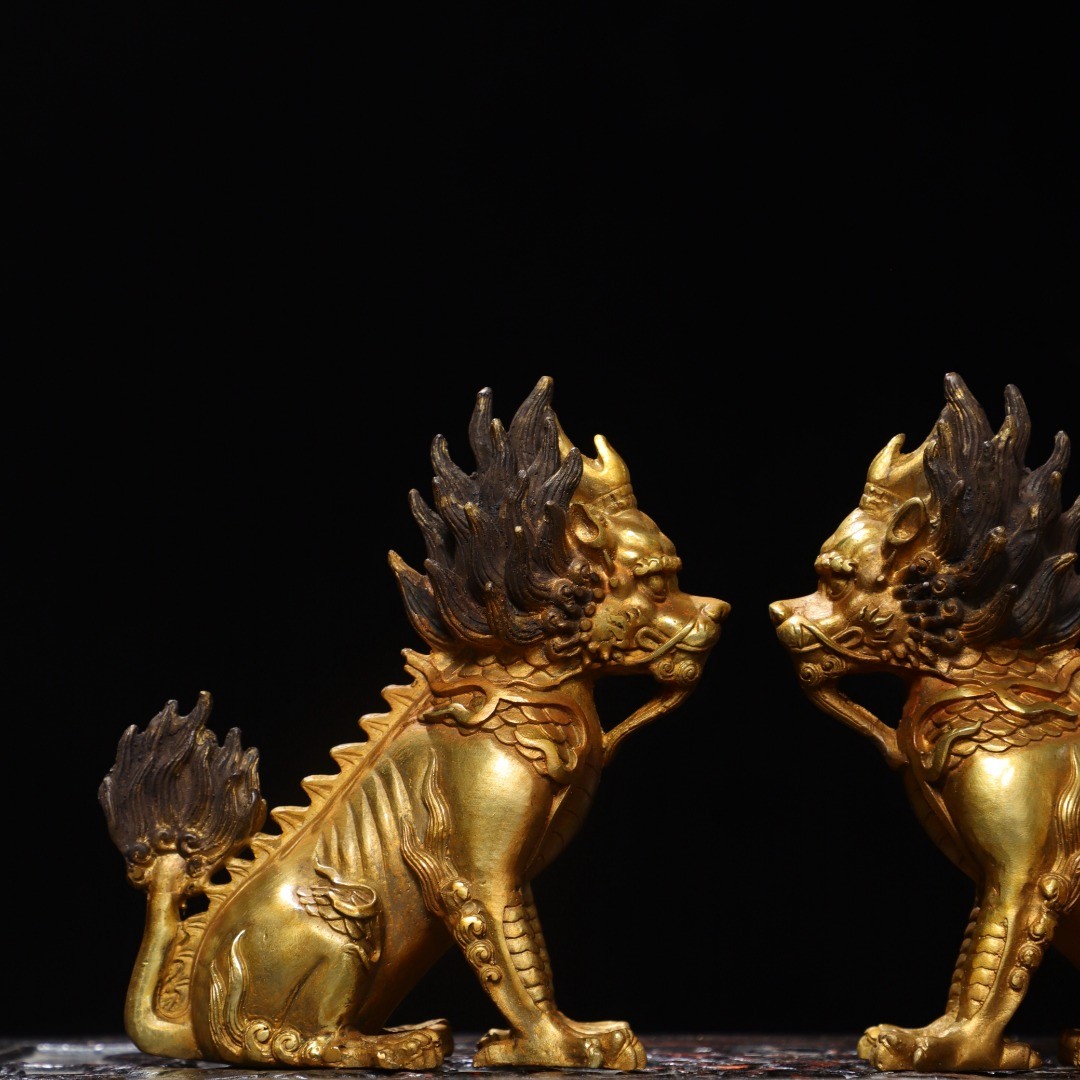 5.9″ Old Collection Treasure Bronze Gilt A Pair [ Kylin ] Ornaments