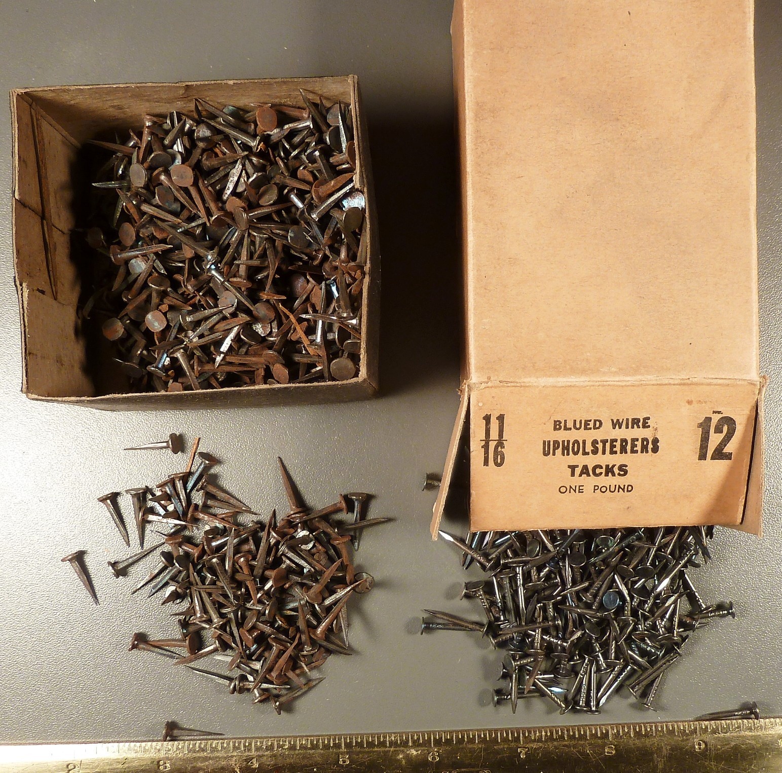 Vintage 11/16″ #12 Atlas & 5/8″ Unknown Box Upholsterers Tacks, 2 Boxes, Antique