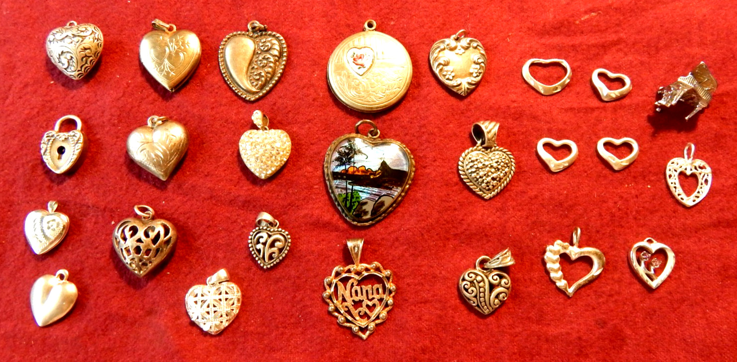 LOT OF 25 STERLING 925 SILVER CHARMS,62.8 GRAMS, ASSORTMENT OF HEARTS &LOCKETTS